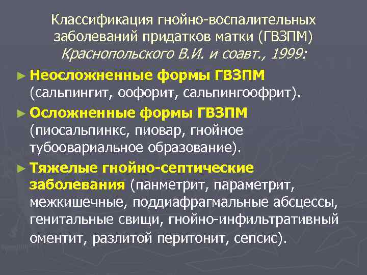 Классификация гнойно воспалительных заболеваний придатков матки (ГВЗПМ) Краснопольского В. И. и соавт. , 1999: