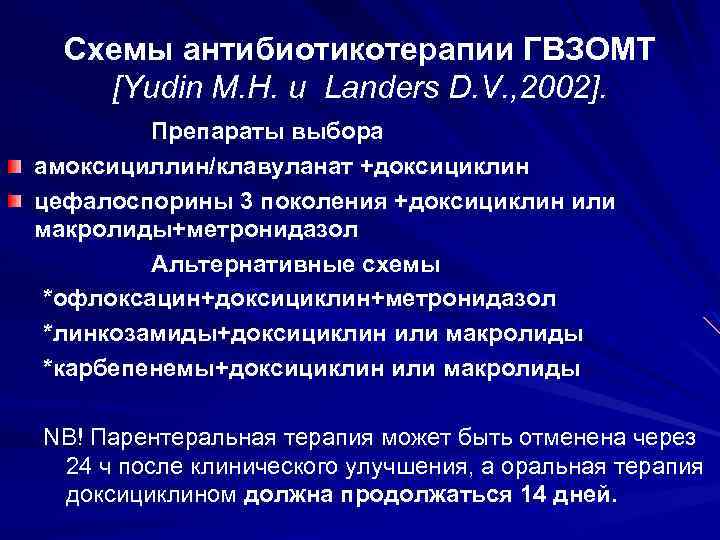 Схемы антибиотикотерапии ГВЗОМТ [Yudin M. H. и Landers D. V. , 2002]. Препараты выбора