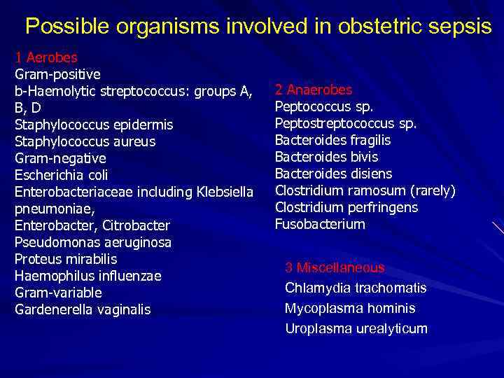 Possible organisms involved in obstetric sepsis 1 Aerobes Gram positive b Haemolytic streptococcus: groups