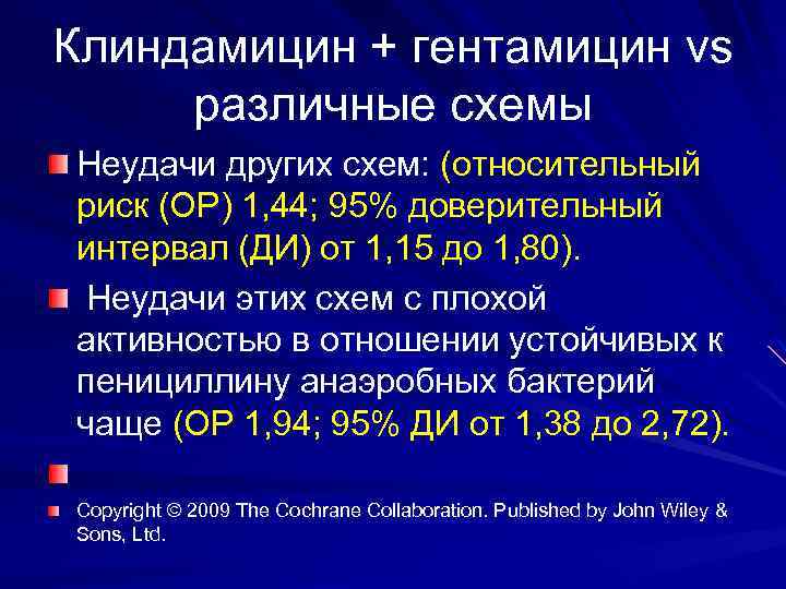 Клиндамицин + гентамицин vs различные схемы Неудачи других схем: (относительный риск (ОР) 1, 44;