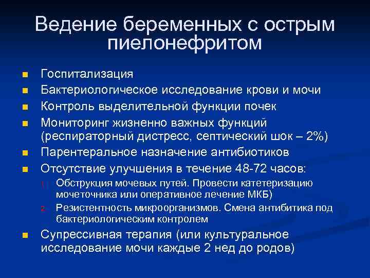 Ведение беременных с острым пиелонефритом n n n Госпитализация Бактериологическое исследование крови и мочи