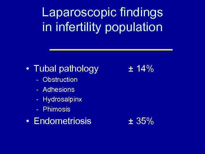 Laparoscopic findings in infertility population • Tubal pathology - ± 14% Obstruction Adhesions Hydrosalpinx