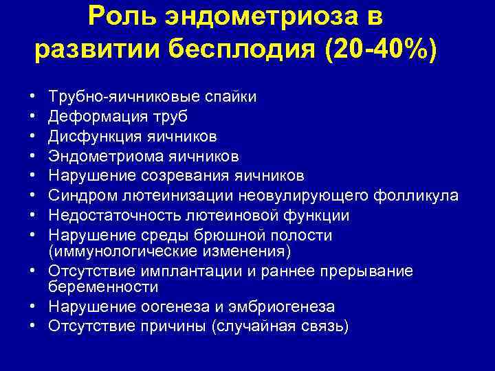 Роль эндометриоза в развитии бесплодия (20 -40%) • • Трубно-яичниковые спайки Деформация труб Дисфункция