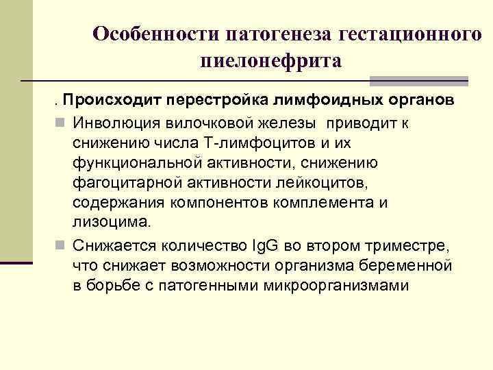 Особенности патогенеза гестационного пиелонефрита. Происходит перестройка лимфоидных органов n Инволюция вилочковой железы приводит к