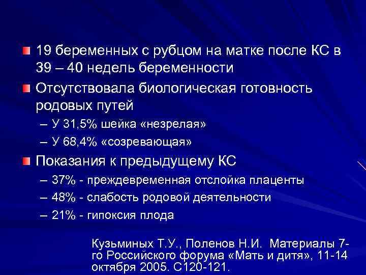 19 беременных с рубцом на матке после КС в 39 – 40 недель беременности