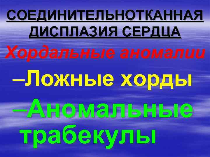 СОЕДИНИТЕЛЬНОТКАННАЯ ДИСПЛАЗИЯ СЕРДЦА Хордальные аномалии –Ложные хорды –Аномальные трабекулы 