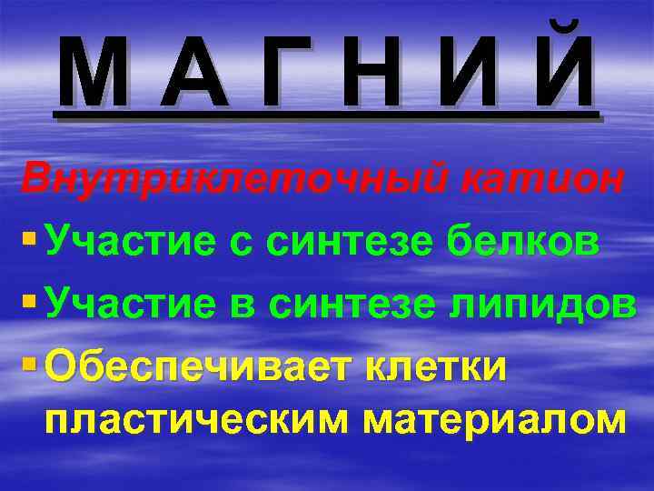 МАГНИЙ Внутриклеточный катион § Участие с синтезе белков § Участие в синтезе липидов §