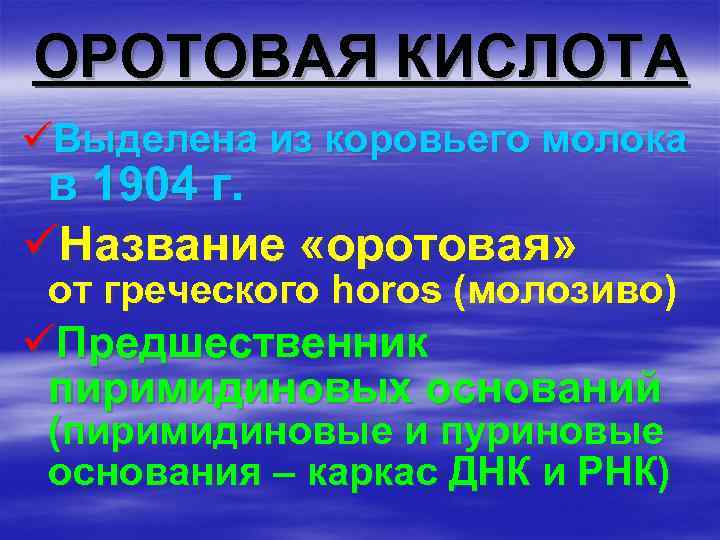ОРОТОВАЯ КИСЛОТА üВыделена из коровьего молока в 1904 г. üНазвание «оротовая» от греческого horos