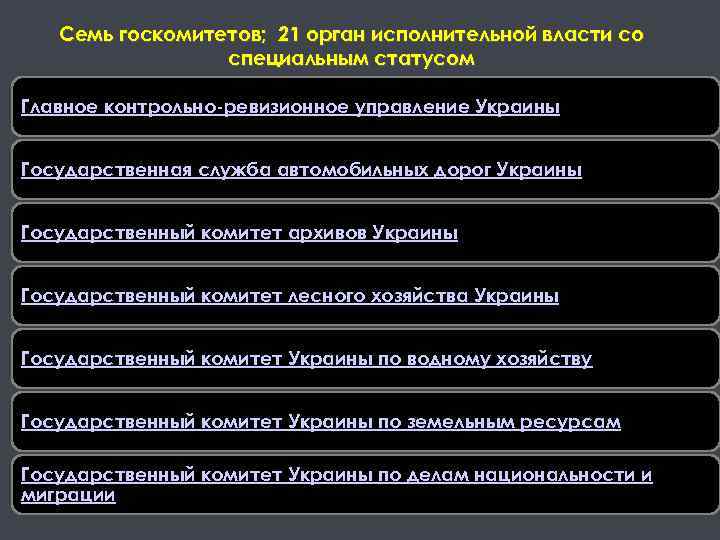 Семь госкомитетов; 21 орган исполнительной власти со специальным статусом Главное контрольно-ревизионное управление Украины Государственная
