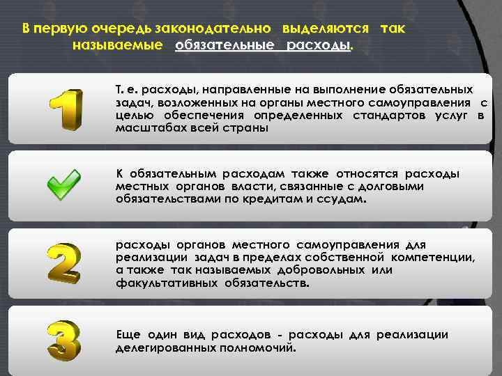 В первую очередь законодательно выделяются так называемые обязательные расходы. Т. е. расходы, направленные на