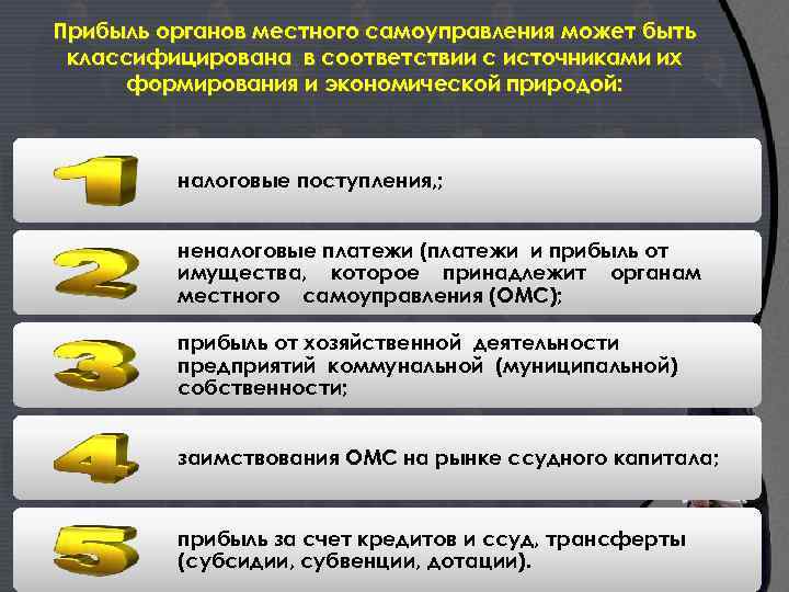 Прибыль органов местного самоуправления может быть классифицирована в соответствии с источниками их формирования и