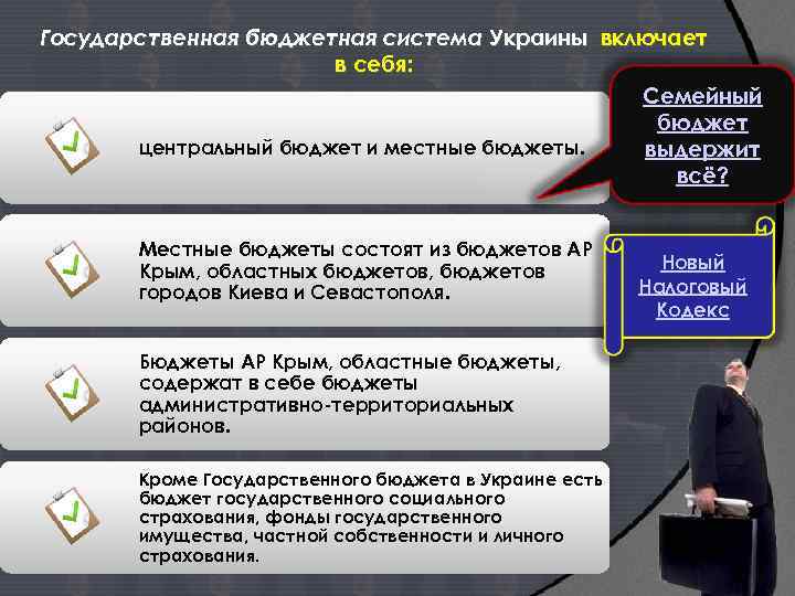 Государственная бюджетная система Украины включает в себя: Семейный бюджет центральный бюджет и местные бюджеты.