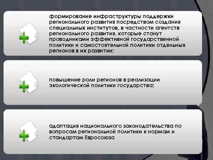 формирование инфраструктуры поддержки регионального развития посредством создания специальных институтов, в частности агентств регионального развития,