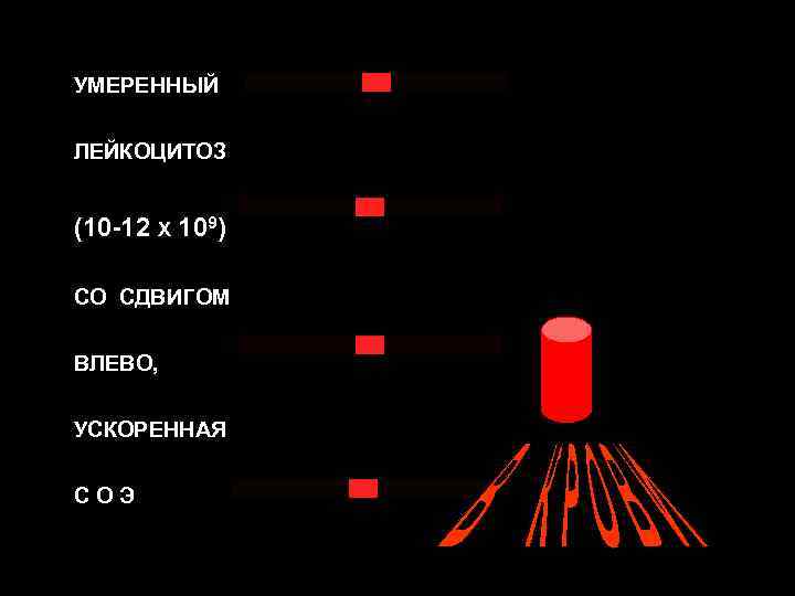 УМЕРЕННЫЙ ЛЕЙКОЦИТОЗ (10 -12 Х 109) СО СДВИГОМ ВЛЕВО, УСКОРЕННАЯ СОЭ 