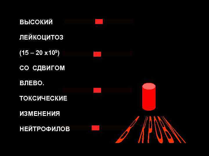 ВЫСОКИЙ ЛЕЙКОЦИТОЗ (15 – 20 х109) СО СДВИГОМ ВЛЕВО. ТОКСИЧЕСКИЕ ИЗМЕНЕНИЯ НЕЙТРОФИЛОВ 