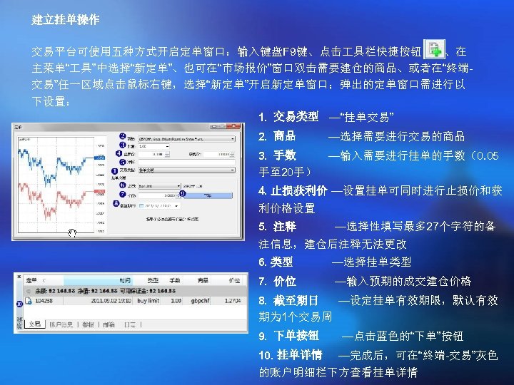 建立挂单操作 交易平台可使用五种方式开启定单窗口：输入键盘F 9键、点击 具栏快捷按钮 、在 主菜单“ 具”中选择“新定单”、也可在“市场报价”窗口双击需要建仓的商品、或者在“终端交易”任一区域点击鼠标右键，选择“新定单”开启新定单窗口；弹出的定单窗口需进行以 下设置： 1. 交易类型 —“挂单交易” 2. 商品 —选择需要进行交易的商品
