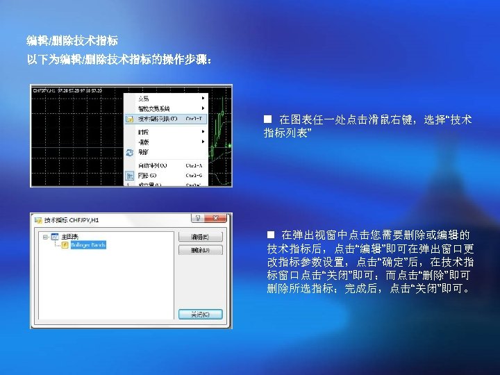 编辑/删除技术指标 以下为编辑/删除技术指标的操作步骤： n 在图表任一处点击滑鼠右键，选择“技术 指标列表” n 在弹出视窗中点击您需要删除或编辑的 技术指标后，点击“编辑”即可在弹出窗口更 改指标参数设置，点击“确定”后，在技术指 标窗口点击“关闭”即可；而点击“删除”即可 删除所选指标；完成后，点击“关闭”即可。 