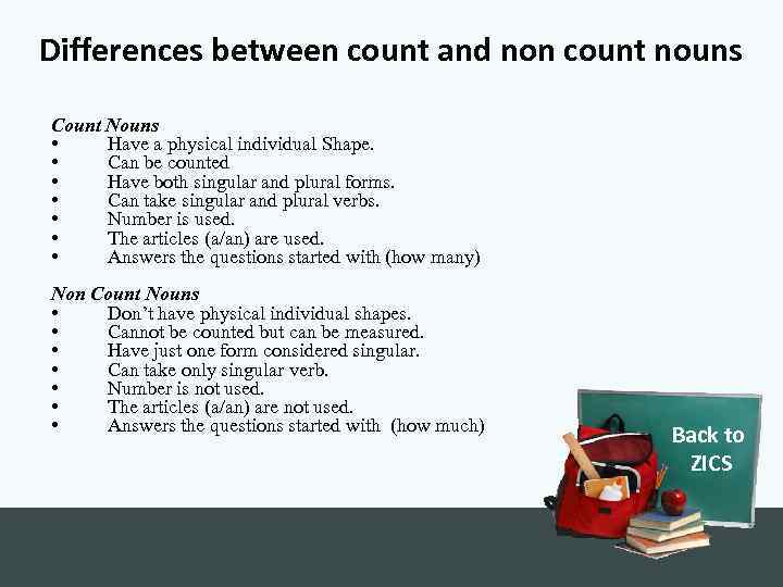 Differences between count and non count nouns Count Nouns • Have a physical individual