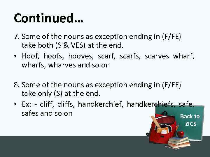 Continued… 7. Some of the nouns as exception ending in (F/FE) take both (S