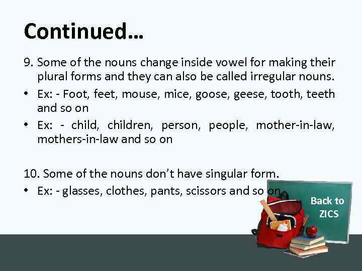 Continued… 9. Some of the nouns change inside vowel for making their plural forms