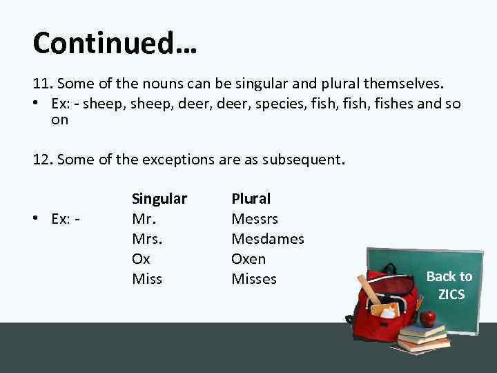 Continued… 11. Some of the nouns can be singular and plural themselves. • Ex: