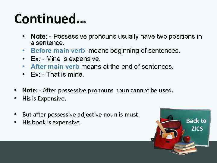 Continued… • Note: - Possessive pronouns usually have two positions in a sentence. •