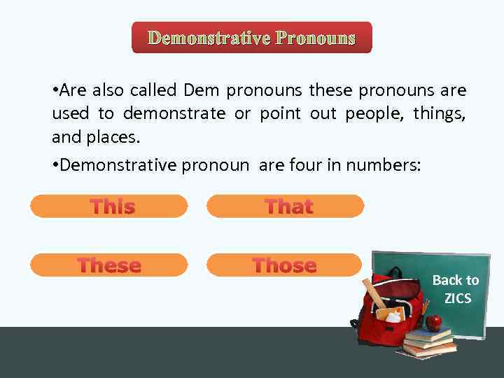 Demonstrative Pronouns • Are also called Dem pronouns these pronouns are used to demonstrate