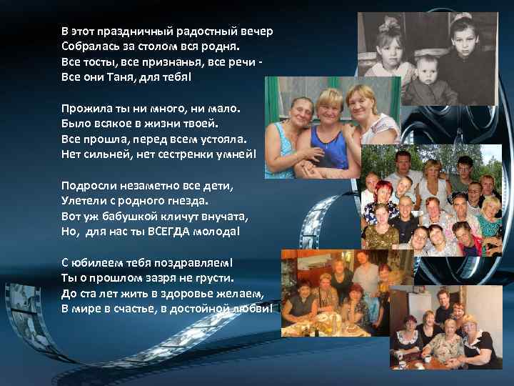 В этот праздничный радостный вечер Собралась за столом вся родня. Все тосты, все признанья,