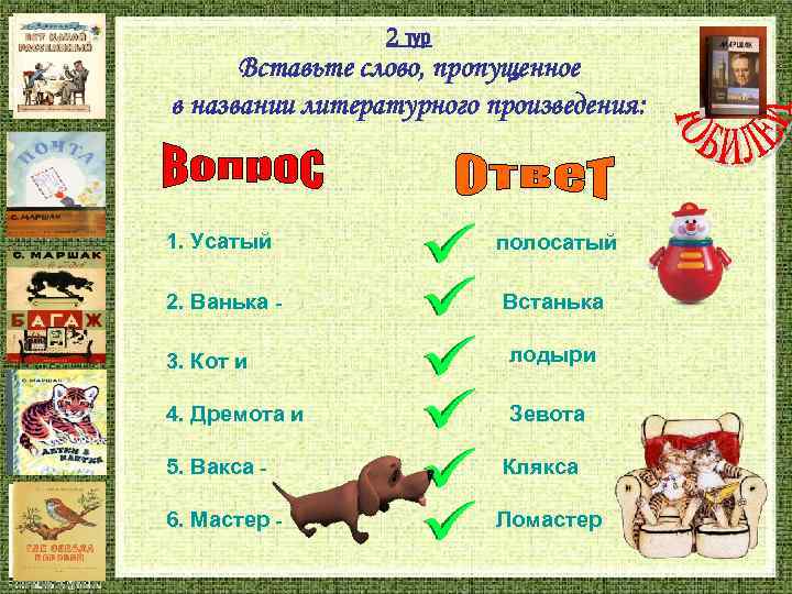 2 тур Вставьте слово, пропущенное в названии литературного произведения: 1. Усатый полосатый 2. Ванька