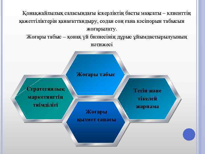 Қонақжайлылық саласындағы іскерліктің басты мақсаты – клиенттің қажеттіліктерін қанағаттандыру, содан соң ғана кәсіпорын табысын