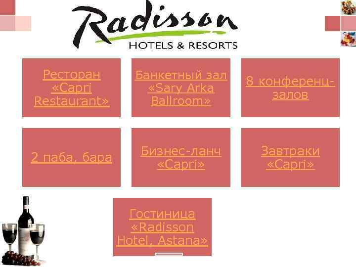 Ресторан «Capri Restaurant» Банкетный зал «Sary Arka Ballroom» 8 конференцзалов 2 паба, бара Бизнес-ланч
