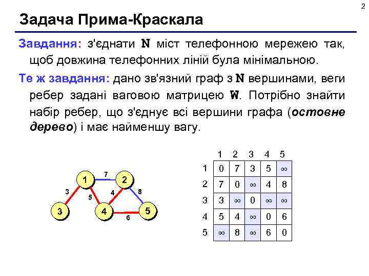 2 Задача Прима-Краскала Завдання: з'єднати N міст телефонною мережею так, щоб довжина телефонних ліній