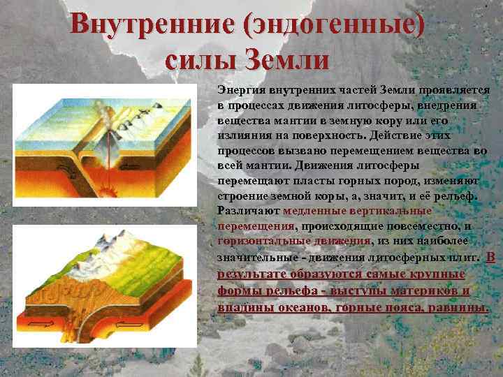 Внутренние (эндогенные) силы Земли Энергия внутренних частей Земли проявляется в процессах движения литосферы, внедрения