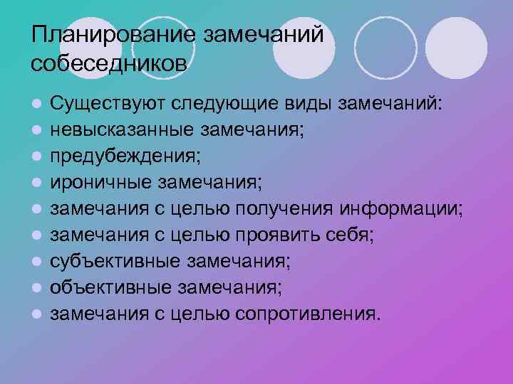 Планирование замечаний собеседников l l l l l Существуют следующие виды замечаний: невысказанные замечания;