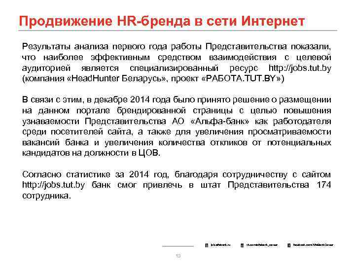 Продвижение HR-бренда в сети Интернет Результаты анализа первого года работы Представительства показали, что наиболее