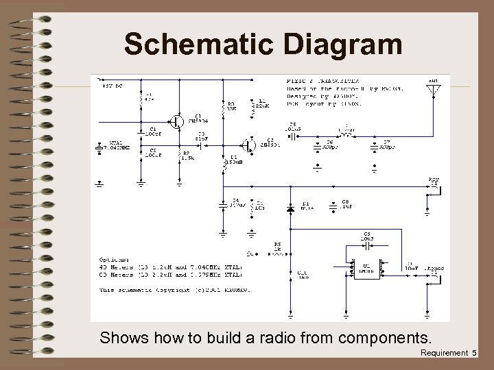 Schematic Diagram Shows how to build a radio from components. Requirement 5 