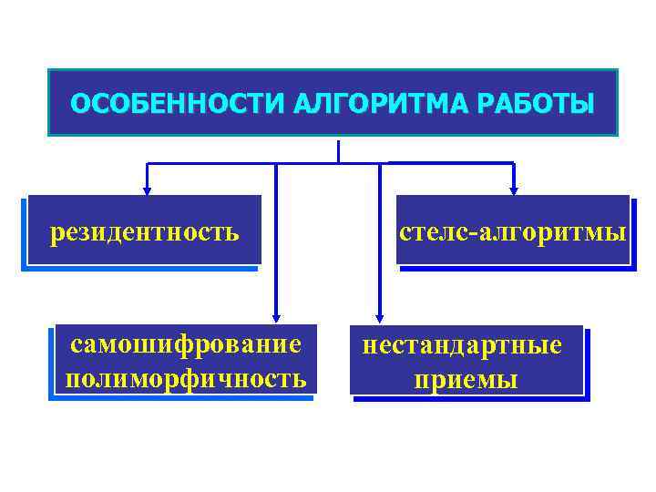 ОСОБЕННОСТИ АЛГОРИТМА РАБОТЫ резидентность самошифрование полиморфичность стелс-алгоритмы нестандартные приемы 