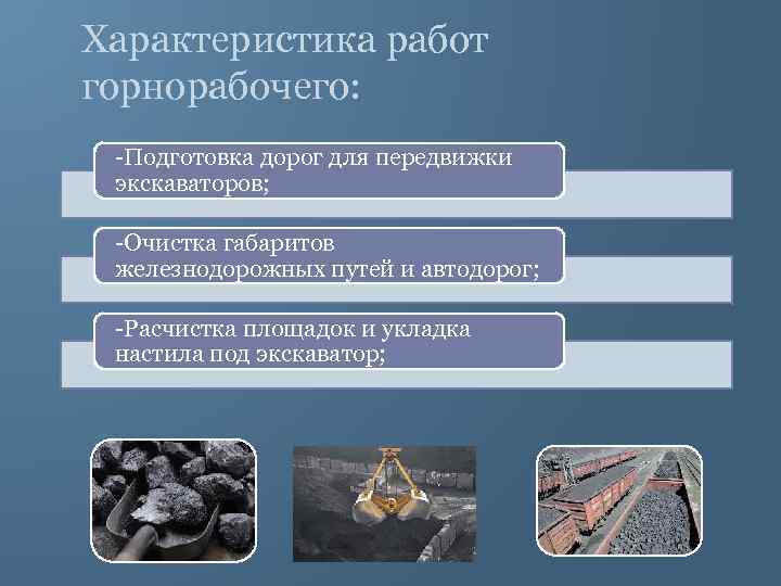 Характеристика работ горнорабочего: -Подготовка дорог для передвижки экскаваторов; -Очистка габаритов железнодорожных путей и автодорог;