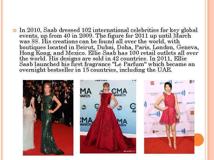  In 2010, Saab dressed 102 international celebrities for key global events, up from