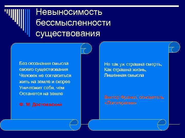 Невыносимость бессмысленности существования Без осознания смысла своего существования Человек не согласиться жить на земле