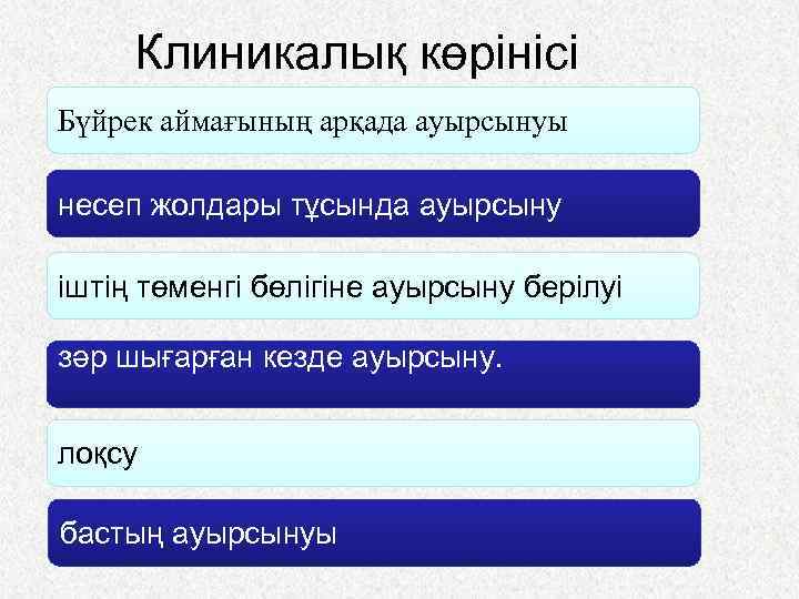 Клиникалық көрінісі Бүйрек аймағының арқада ауырсынуы несеп жолдары тұсында ауырсыну іштің төменгі бөлігіне ауырсыну