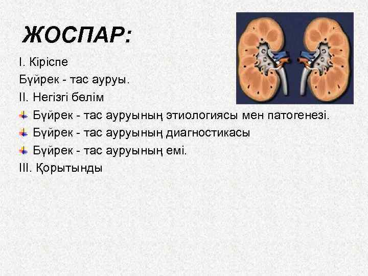 ЖОСПАР: І. Кіріспе Бүйрек - тас ауруы. ІІ. Негізгі бөлім Бүйрек - тас ауруының