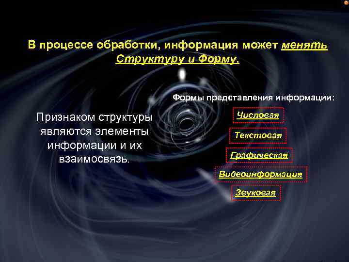 В процессе обработки, информация может менять Структуру и Форму. Формы представления информации: Признаком структуры