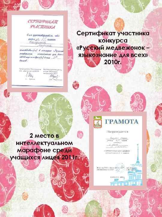 Сертификат участника конкурса «Русский медвежонок – языкознание для всех» 2010 г. 2 место в