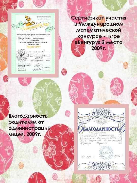 Сертификат участия в Международном математической конкурсе - игре «Кенгуру» 2 место 2009 г. Благодарность