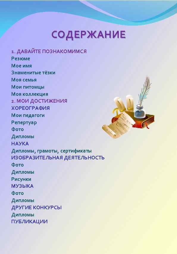 СОДЕРЖАНИЕ 1. ДАВАЙТЕ ПОЗНАКОМИМСЯ Резюме Мое имя Знаменитые тёзки Моя семья Мои питомцы Моя