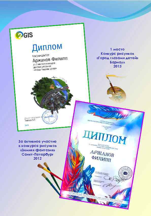 1 место Конкурс рисунков «Город глазами детей» Барнаул 2013 За активное участие в конкурсе