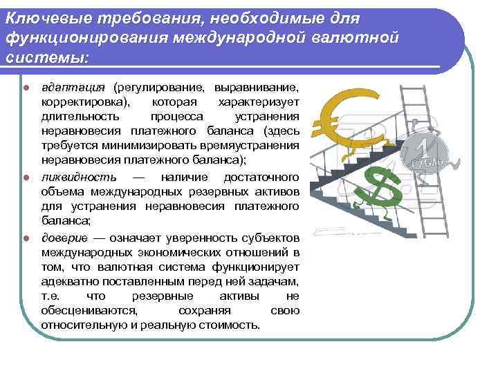 Ключевые требования, необходимые для функционирования международной валютной системы: адаптация (регулирование, выравнивание, адаптация корректировка), которая