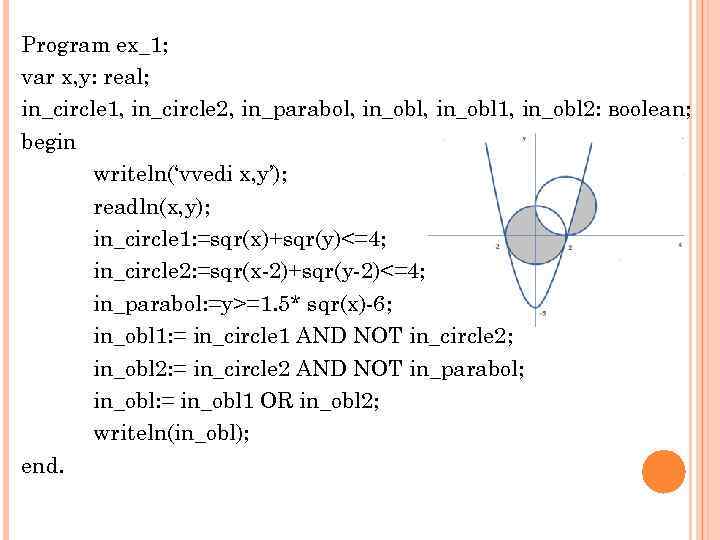 Program ex_1; var x, y: real; in_circle 1, in_circle 2, in_parabol, in_obl 1, in_obl