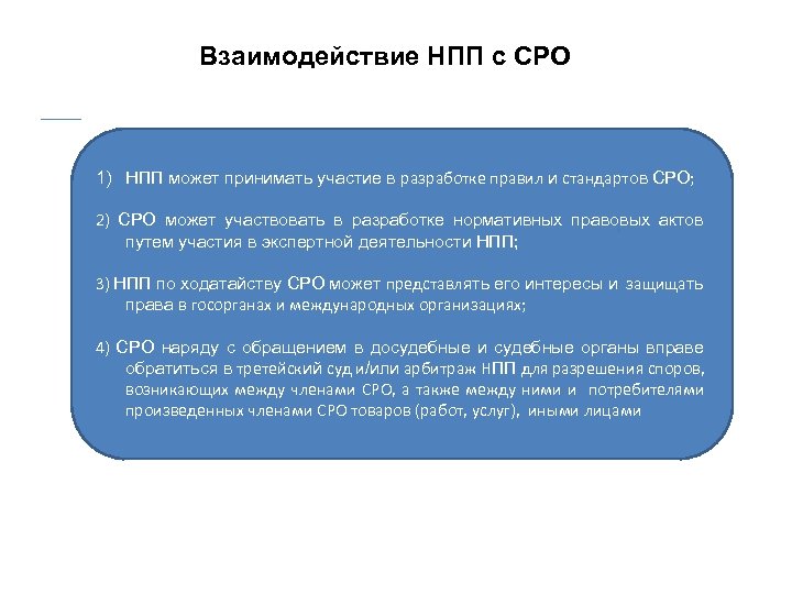 Взаимодействие НПП с СРО 1) НПП может принимать участие в разработке правил и стандартов
